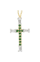 14 KT YELLOW AND WHITE GOLD CROSS WITH DIAMONDS AND GREEN GARNETS