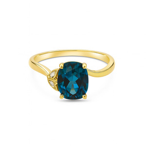 LADIES 10KT YELLOW GOLD BLUE STONE AND DIAMOND RING
