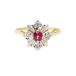LADIES 18KT YELLOW AND WHITE GOLD RING WITH RED STONE AND DIAMOND