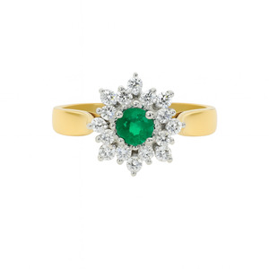 14KT YELLOW GOLD GREEN CENTER STONE AND DIAMOND STARBUST RING