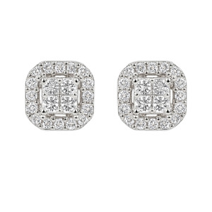 14KT WHTIE GOLD PRINCESS CUT DIAMOND CLUSTER EARRINGS