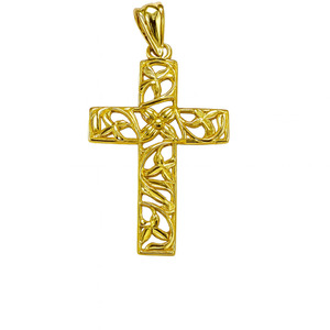 10KT YELLOW GOLD FLORAL DESIGN CROSS PENDANT