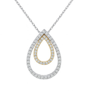 14KT WHITE AND YELLOW GOLD DOUBLE TEARDROP DIAMOND PENDANT AND NECKLACE
